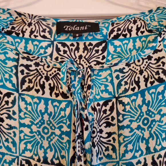 Tolani 100% Silk Deepa Mini Dress Turquoise Mosaic, Size Small - Picture 6 of 11